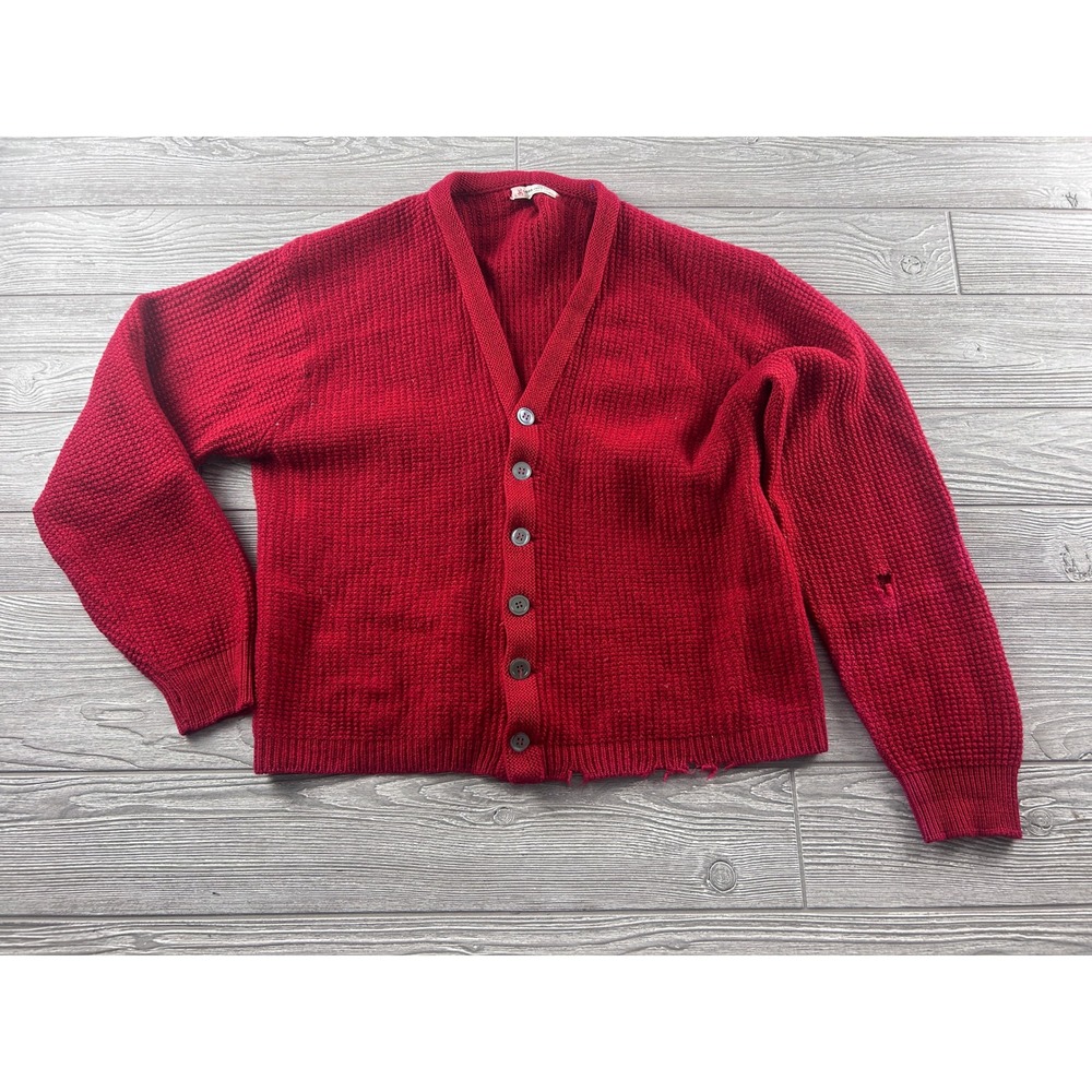 Vintage Lord Jeff Red Virgin Wool Cardigan Sweater Mens XL USA Distressed
